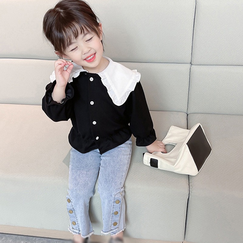 Quần jeans lưng thun ống loe phối túi dễ thương cho bé gái 3-8 tuổi
