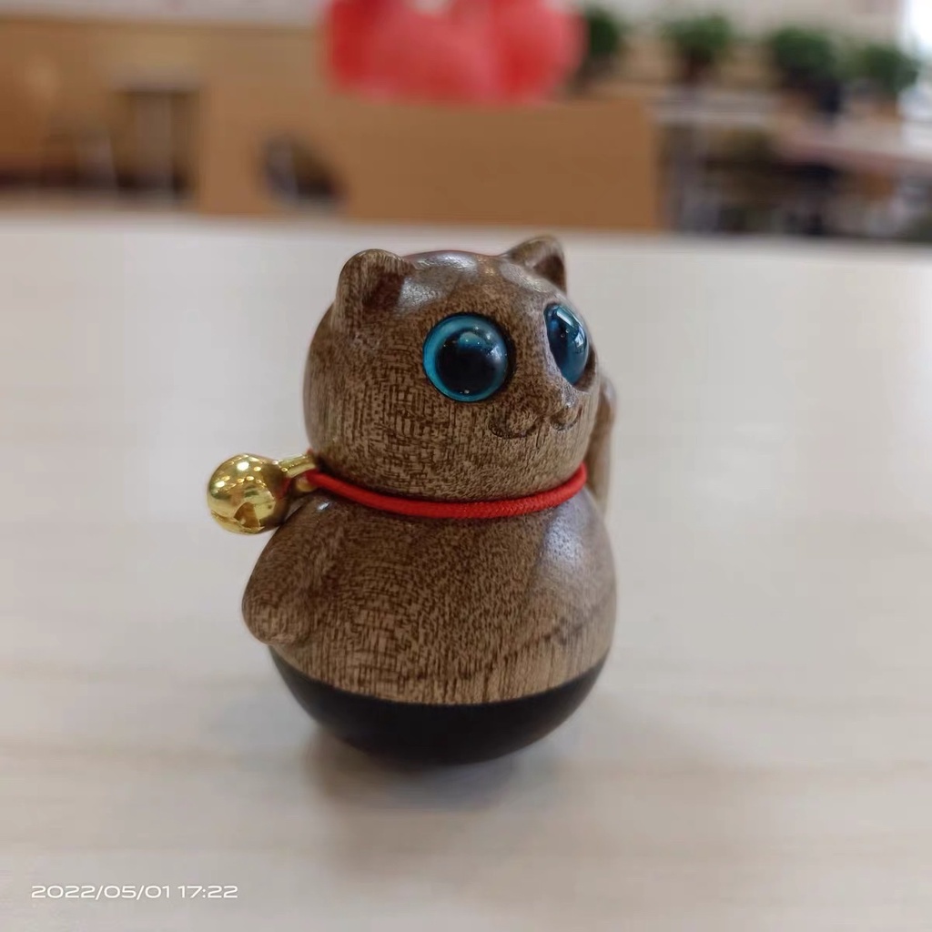 Mèo Gỗ Thần Tài; Phụ Kiện Chó Mèo Thú Cưng;  Mèo Lật Đật Khắc Gỗ May Mắn