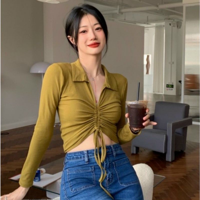 Áo thun cổ bẻ tay dài phối dây rút giữa sành điệu A15