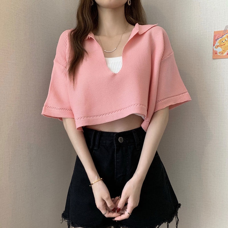 Áo Sweater Mỏng Dáng Rộng Ngắn Tay Cổ Chữ V Thời Trang Mùa Hè Hàn Quốc Hàng Mới Dành Cho Bạn Nữ 2022