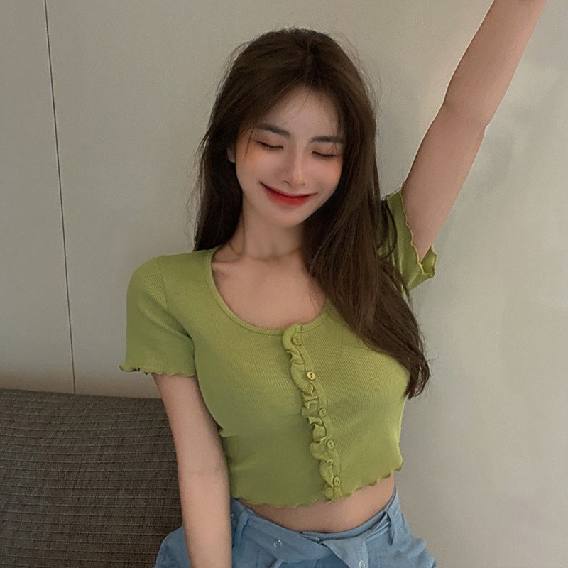 Áo Thun Croptop Dệt Kim Cổ Tròn Màu Trơn Phong Cách Hàn Quốc Thời Trang Cho Nữ