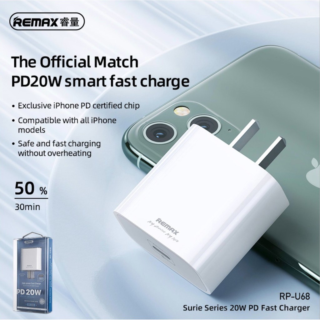 Bộ Sạc Nhanh iPhone 20W PD Remax RP-U68 Type-C Cho iPhone 12 Pro 11 Pro Max XS X 8P 8 Vâng (CHÍNH HÃNG)