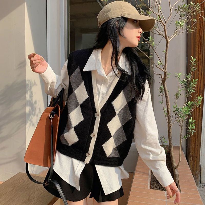 Áo gile caro cài khuy hai màu trẻ trung năng động