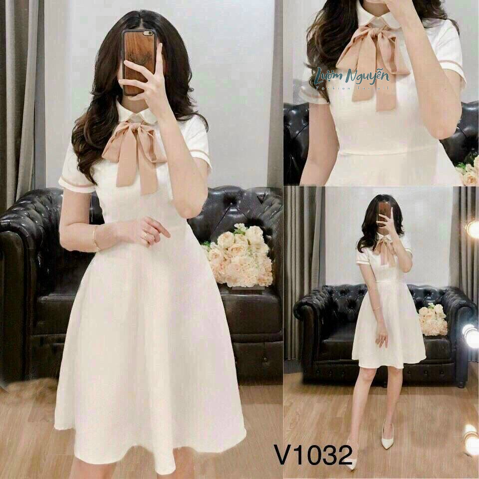 Đầm tiểu thư phối nơ cổ dễ thương thời trang nữ