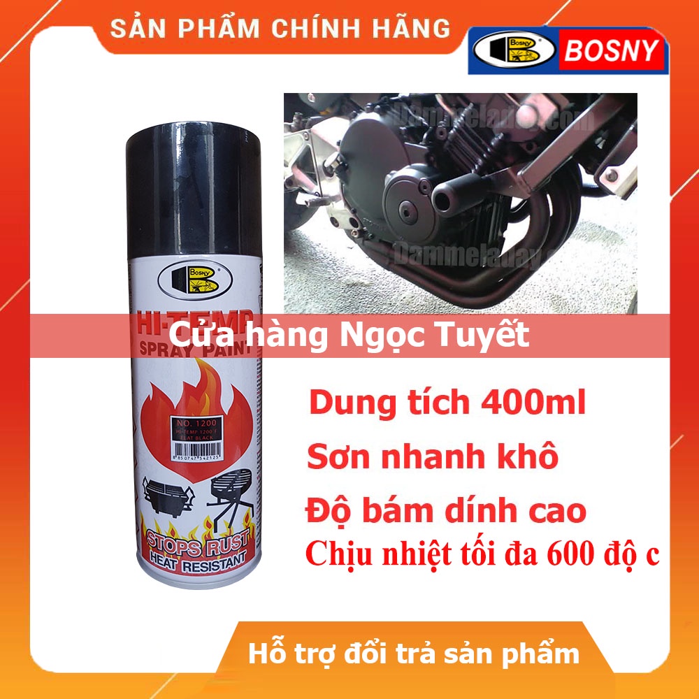 Sơn xịt chịu nhiệt đen mờ, nhám (No.1200) & màu bạc (No.1500) & đen bóng (No.1039) Hi-Temp, sơn nhiệt độ cao Bosny
