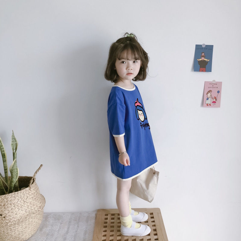 Summer dress new solid color casual loose girl short-sleeved T-shirt skirt cute color mid-length top