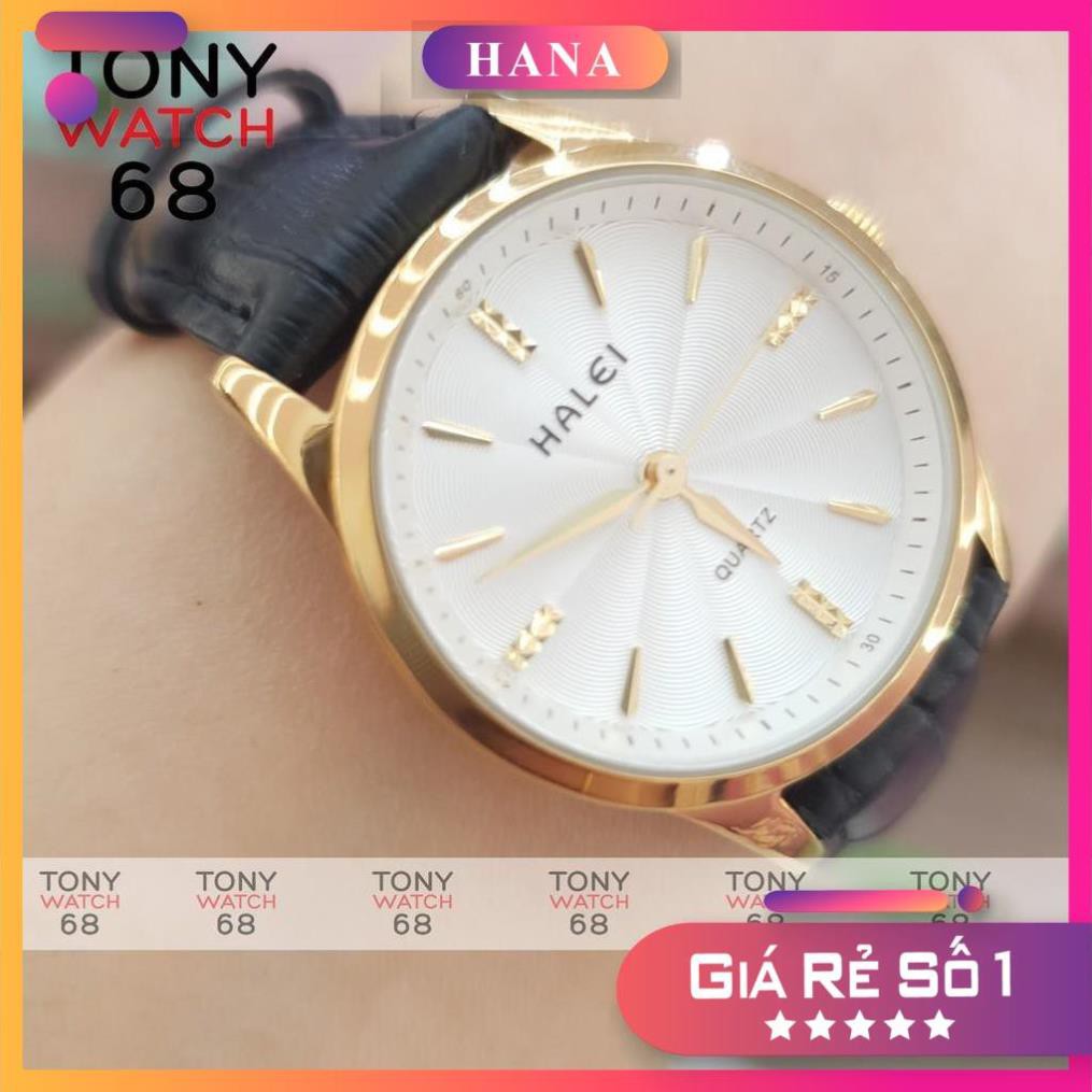 Đồng hồ cặp đôi nam nữ Halei viền vàng dây da siêu mỏng Tony Watch 68