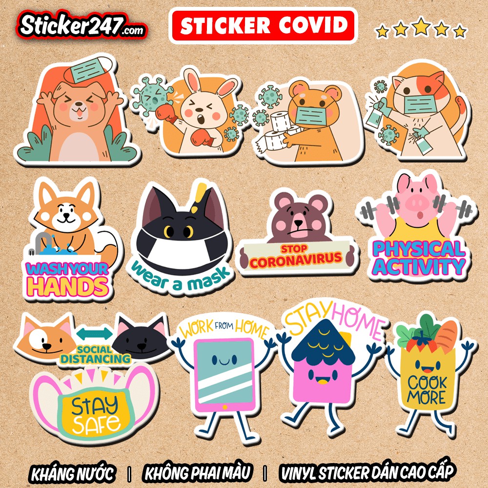 Sticker Phòng dịch Covid 🌈𝑭𝒓𝒆𝒆𝒔𝒉𝒊𝒑 Covid-19, NCOVI chống nước, hình decal dán laptop, ipad, mũ bảo hiểm,vali, đàn guitar