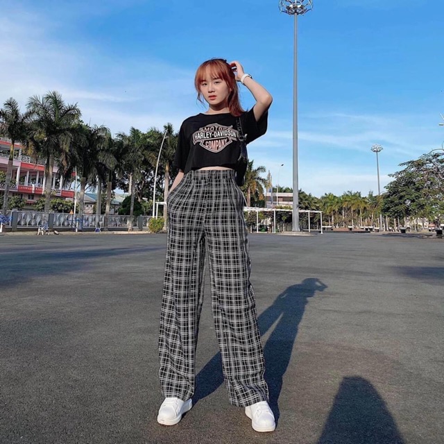 Quần kẻ caro ống suông cạp cao ( hình shop tự chụp ). | BigBuy360 - bigbuy360.vn