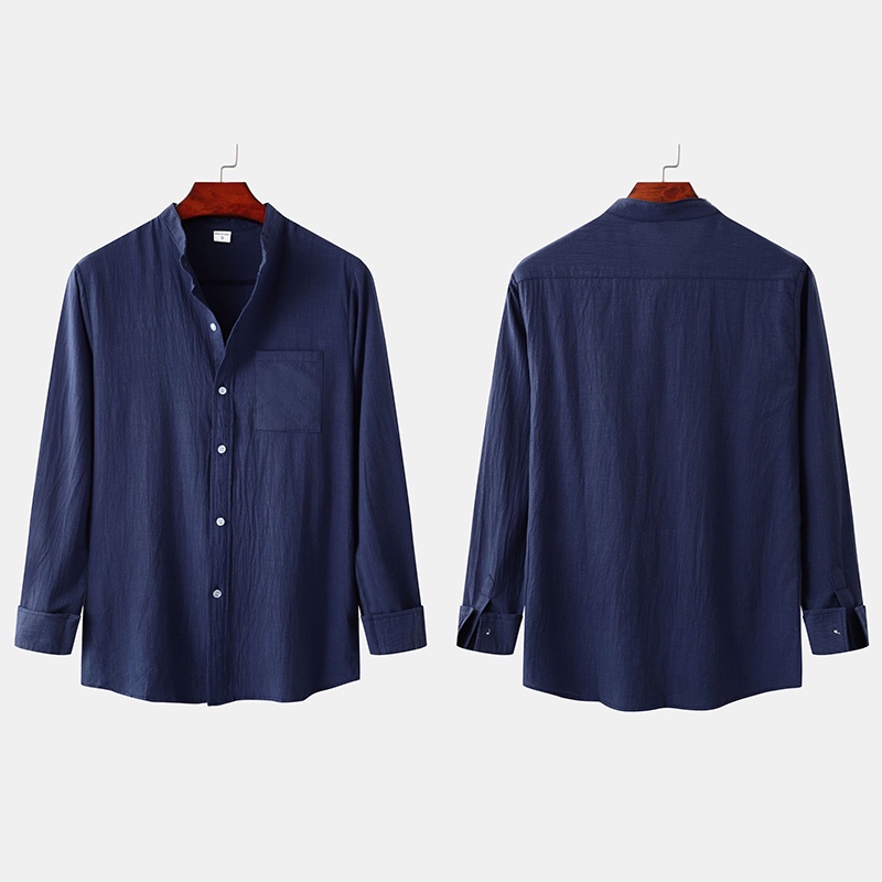 Áo Sơ Mi Vải Lanh Trơn Tay Dài Cổ Đứng Dáng Rộng Màu Trơn Có Túi Plus Size Trắng / Xanh Navy / Khaki / Xanh Dương Nhạt / Nâu / Đen Thời Trang Mùa Hè 2022 Cho Nam
