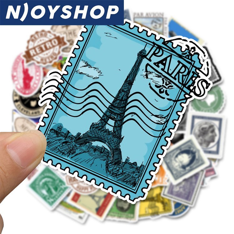 SET 50 MIẾNG STICKER TEM DÁN POSTAGE STAMP CHỐNG NƯỚC DÁN NÓN BẢO HIỂM, LAPTOP, VALI, TỦ, BÀN HỌC, XE MÁY