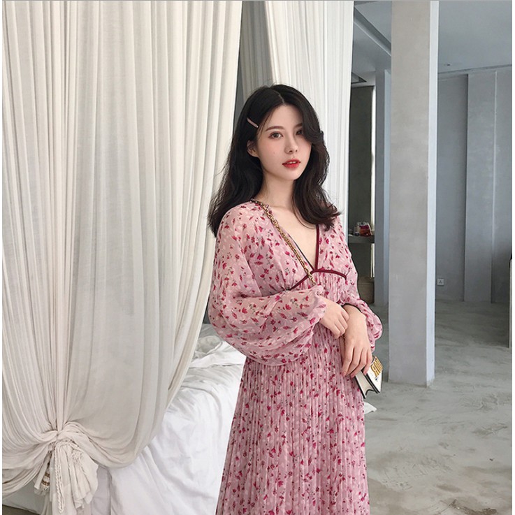 Đầm nữ xinh hàng Quảng Châu  thiết kế dáng dài MIDI họa tiết hoa nhí hồng  phong cách cô nàng tiểu thư đẹp dịu dàng