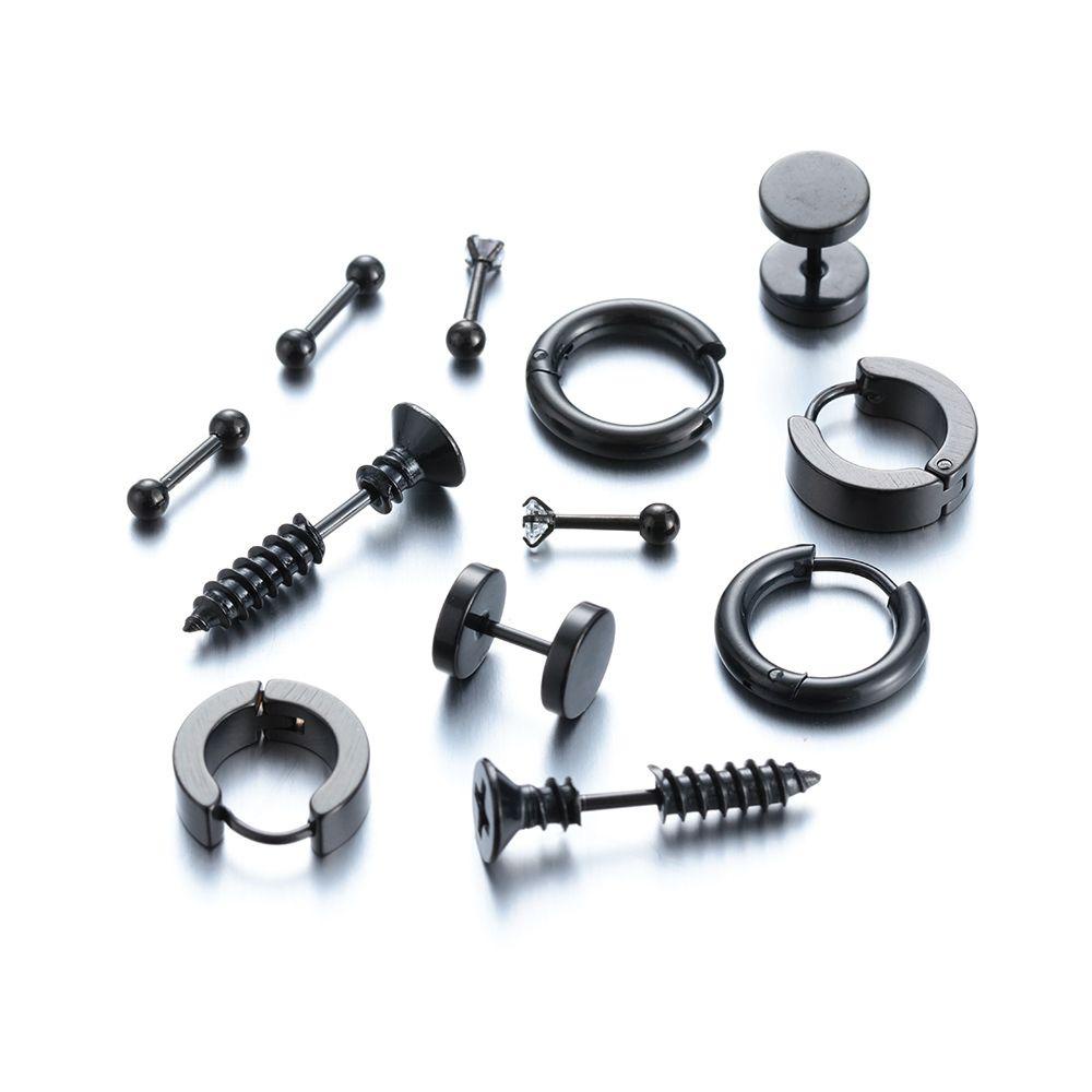 EUTUS Set 6 Đôi Khuyên Tai Hình Quả Tạ Màu Đen Bằng Thép Không Gỉ Dành Cho Nam Và Nữ