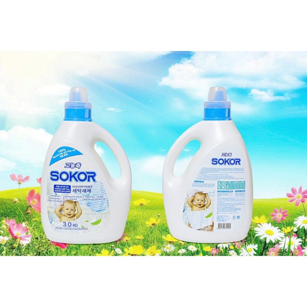 Nước giặt trẻ em hương nước hoa SOKOR tinh khiết Hàn Quốc 3kg - Tặng khăn ướt