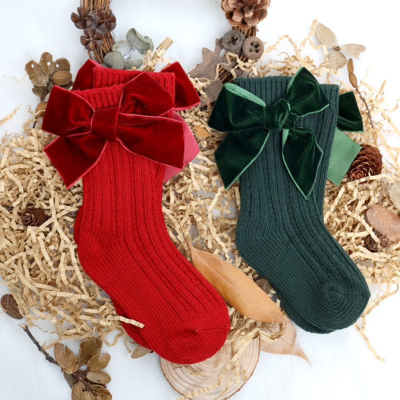 Vớ Cotton Nhung Thoáng Khí Đính Nơ Đỏ Giáng Sinh Cho Bé Gái