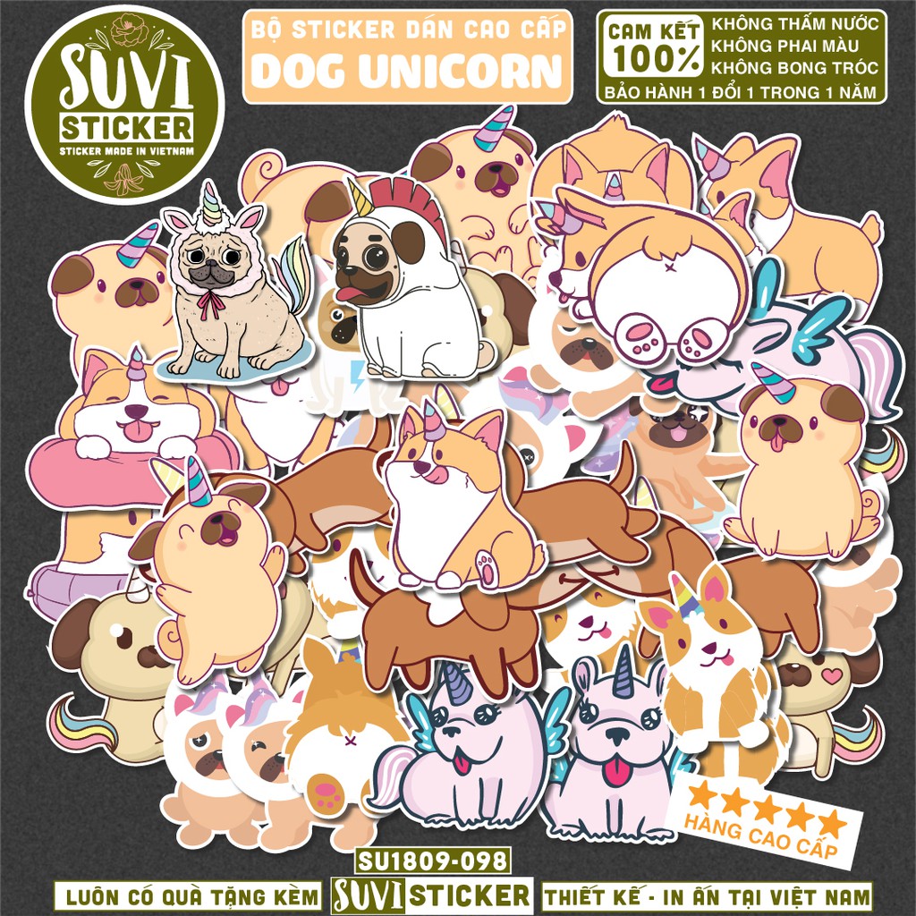 50 Sticker Chó Unicorn chống nước sticker dán laptop, điện thoại, đàn guitar, mũ bảo hiểm, vali. MSP: A18