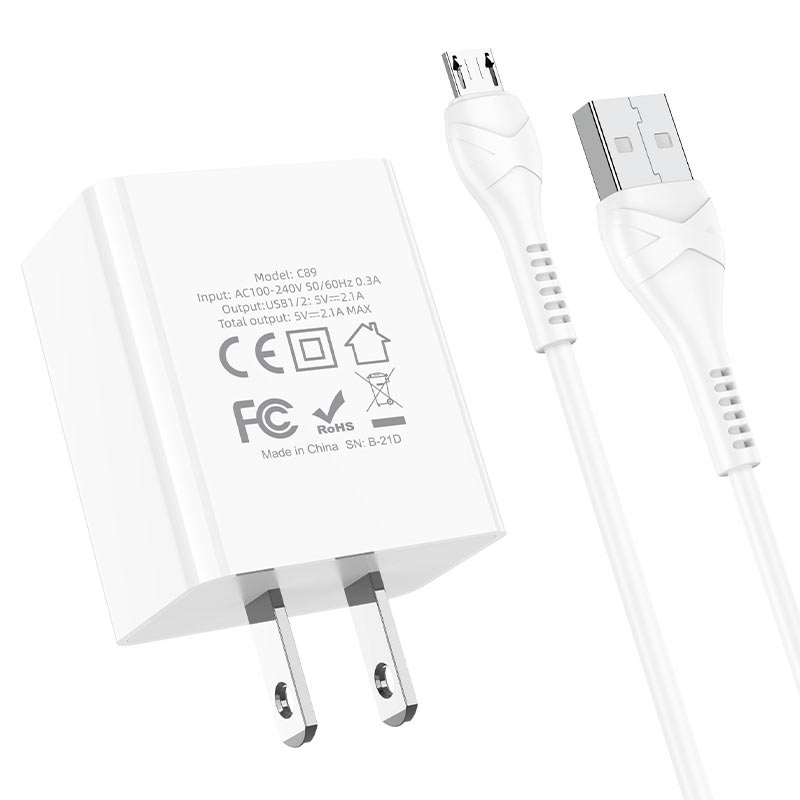 Bộ sạc samsung Hoco C89 2.1A với 2 cổng USB , tương thích với dòng máy android, bộ sạc micro USB dây dài 1m