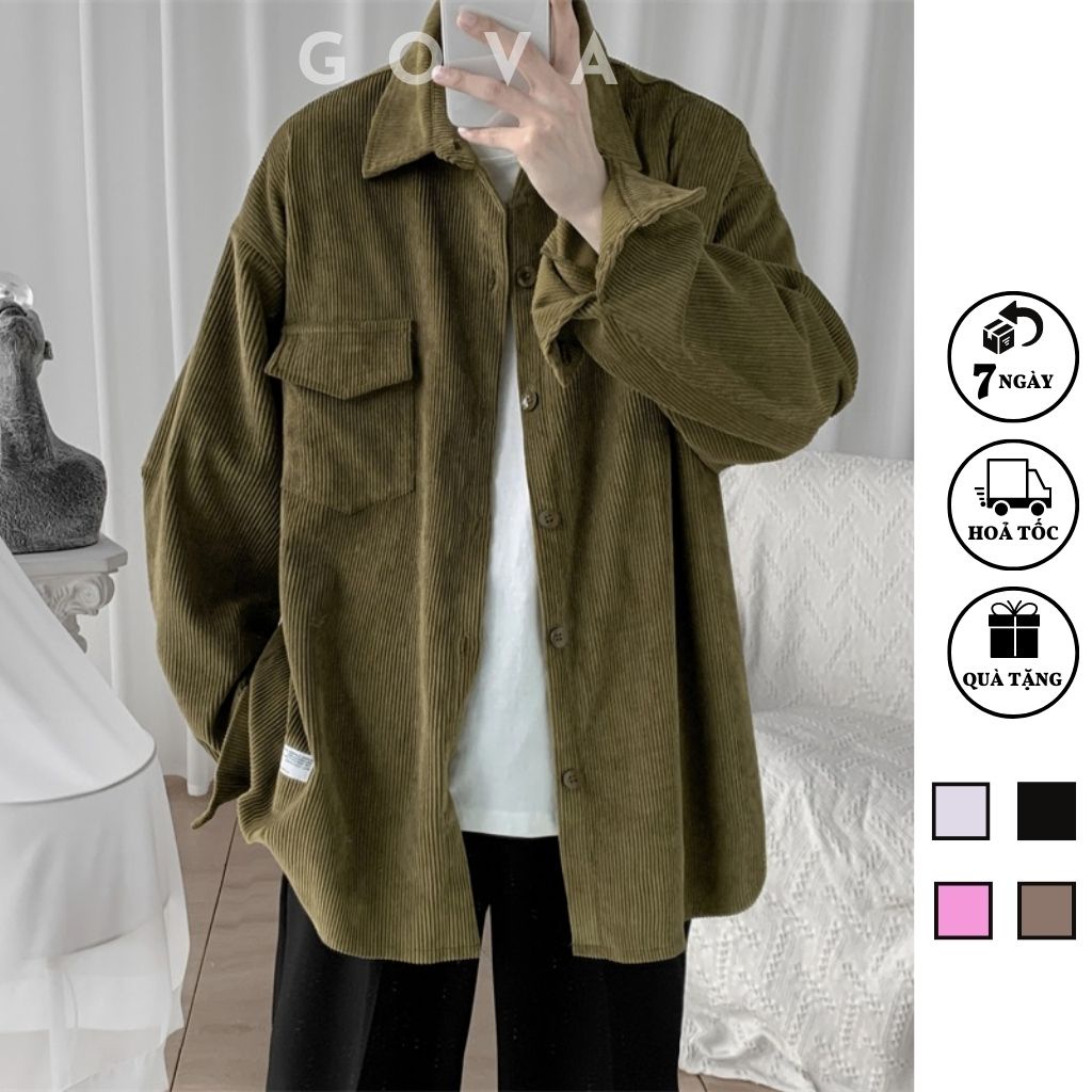Áo Khoác Sơ Mi Nhung Tăm GẮN LOGO Nam Nữ Kiểu Basic Dài Tay, Áo Oversize Nhiều Màu GOVA