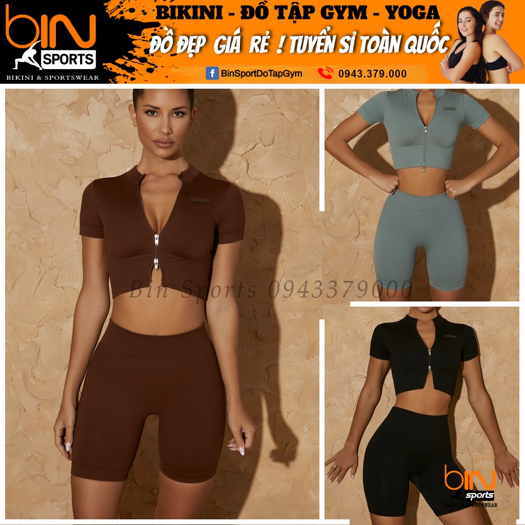 Bộ đồ tập gym yoga thể thao nữ, set quần đùi chun mông áo crop ngắn tay khóa kéo dệt kim cao cấp Bin Sports BN053