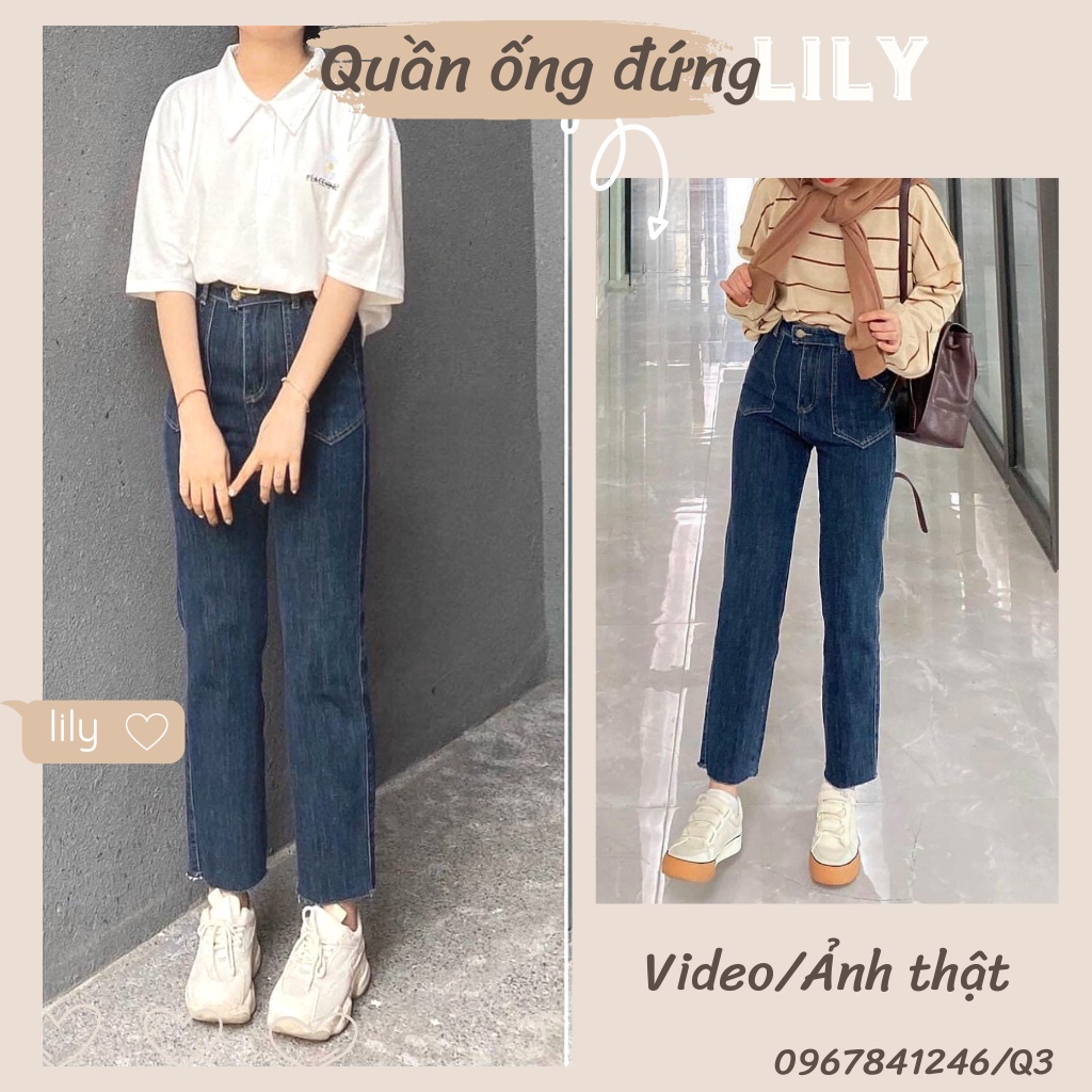 Quần Jean nữ, Quần bò nữ ống đứng, Quần Jean ống rộng cắt gấu cạp cao co giãn màu đậm Q03 LILY