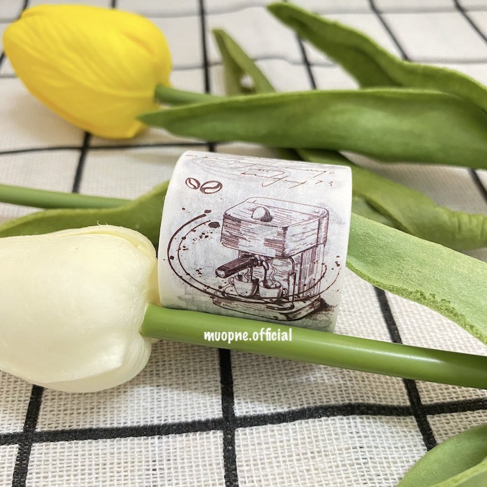 Washi tape trang trí sổ màu trắng họa tiết coffee vintage