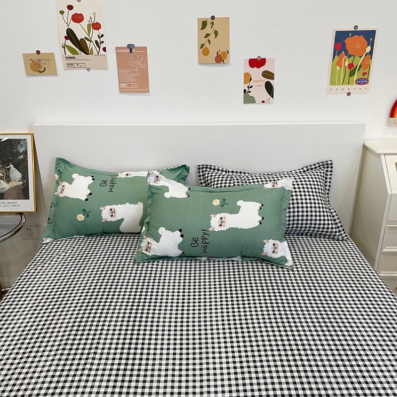Bộ chăn ga gối Cotton poly M2T bedding, vỏ chăn mền, drap ga giường và 2 vỏ gối nằm - Pl Cừu xanh