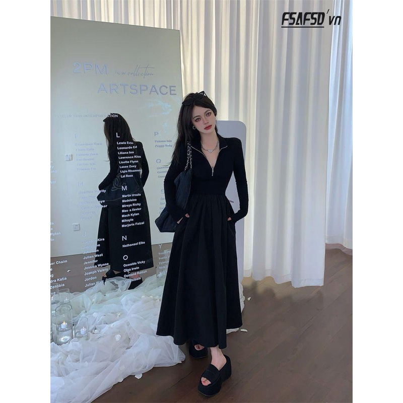 Đầm Nữ Tay Dài Ôm Eo Màu Đen Phong Cách Pháp Thời Trang Quyến Rũ