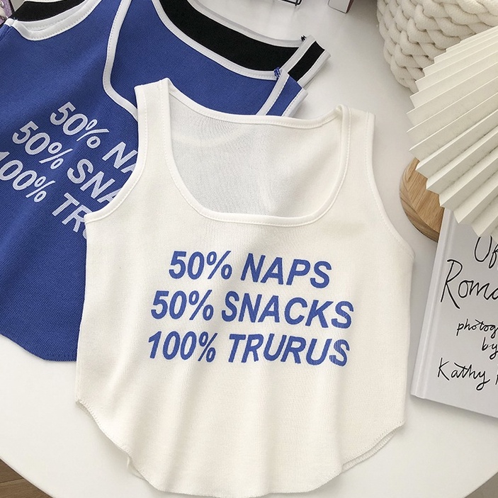 NUZIRO  Áo dệt kim  không tay dáng ôm in chữ phong cách Hàn Quốc dành cho nữ