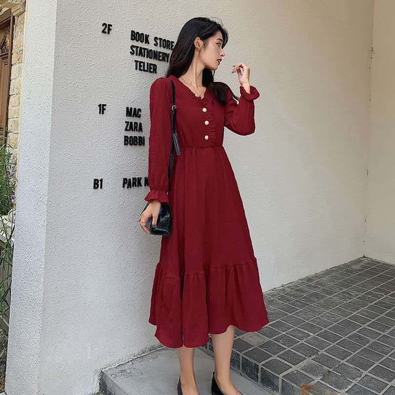 Đầm Midi Màu Trơn Thời Trang Mùa Thu Phong Cách Hàn Quốc Cho Nữ