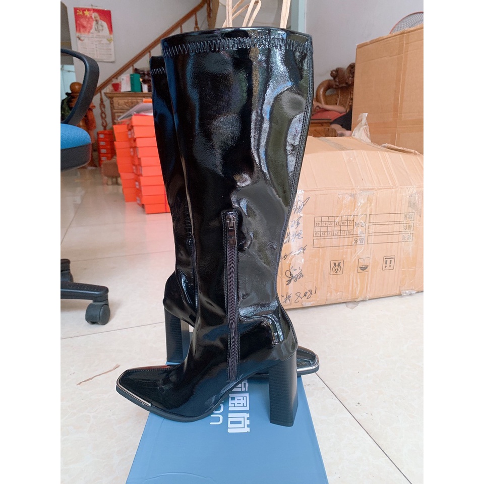 BOOT ĐÙI NỮ DA BÓNG MŨI NHỌN PHA KIM LOẠI GÓT 9P CỰC ĐẸP HÀNG QUẢNG CHÂU
