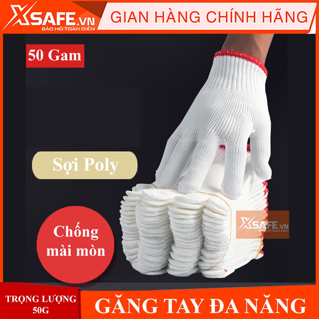 [10 đôi] Găng tay bảo hộ lao động sợi poly 50g ôm sát, chống trượt, chống giãn, thao tác linh hoạt (Màu trắng-loại dày)