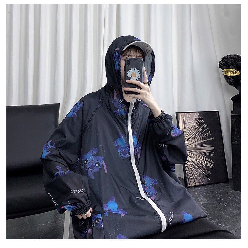 Áo khoác dù 3D Stitch unisex form rộng có mũ chống nắng cực đẹp phong cách Ulzzang