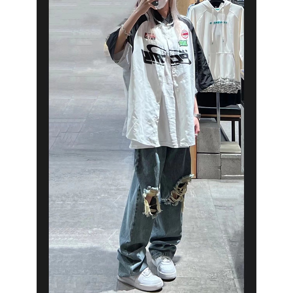 Quần jeans Nữ Lưng Cao Ống Đứng Rách Gối Thời Trang Mỹ