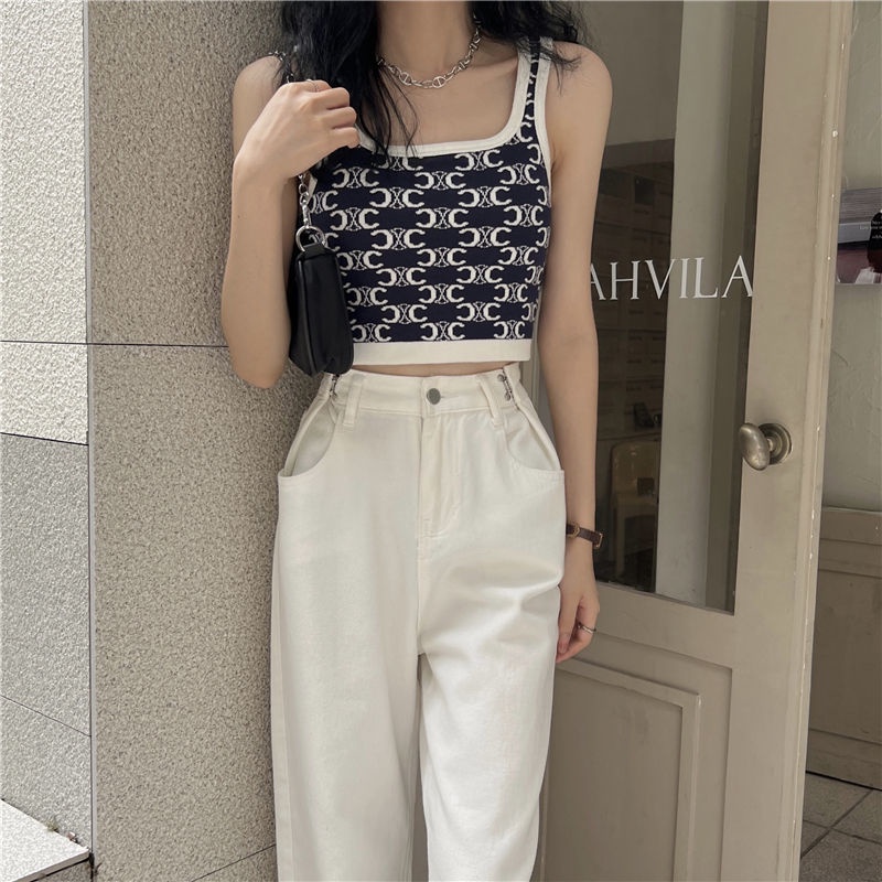 Áo Dệt Kim Hai Dây Dáng Ngắn Phong Cách Thời Trang Hàn Quốc