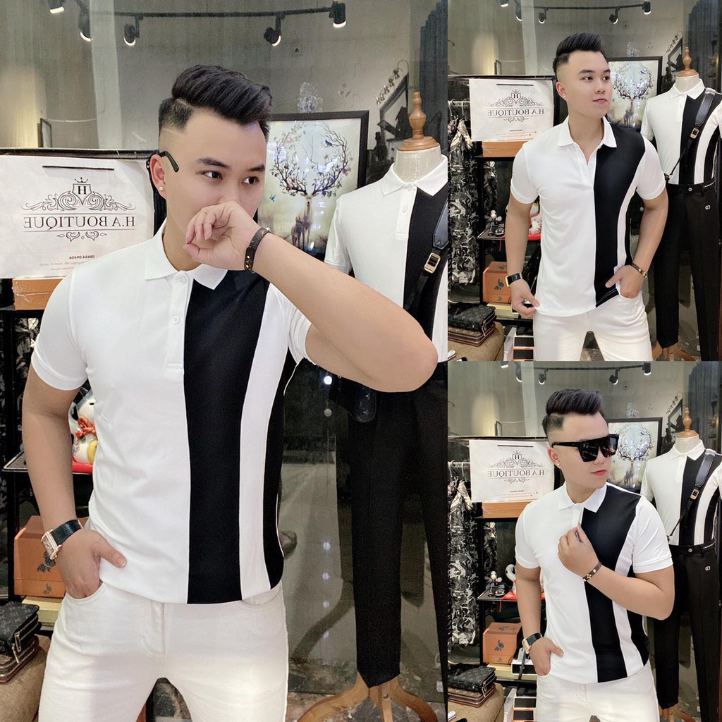 Áo polo nam cổ bẻ, áo thun nam polo vải cá xấu cotton tay lỡ phối màu đen trắng | BigBuy360 - bigbuy360.vn