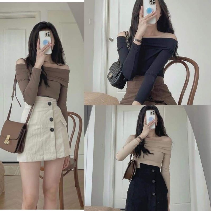 Set Áo len tăm dài tay trễ vai - Áo kiểu hở vai  kèm chân váy cúc vạt lệch mùa thu | BigBuy360 - bigbuy360.vn