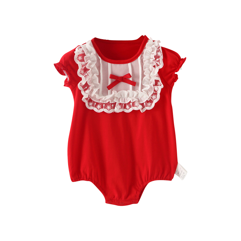 Newborn Girls Summer Lace Collar Romper For Baby Cotton Red Bodysuit Clothes