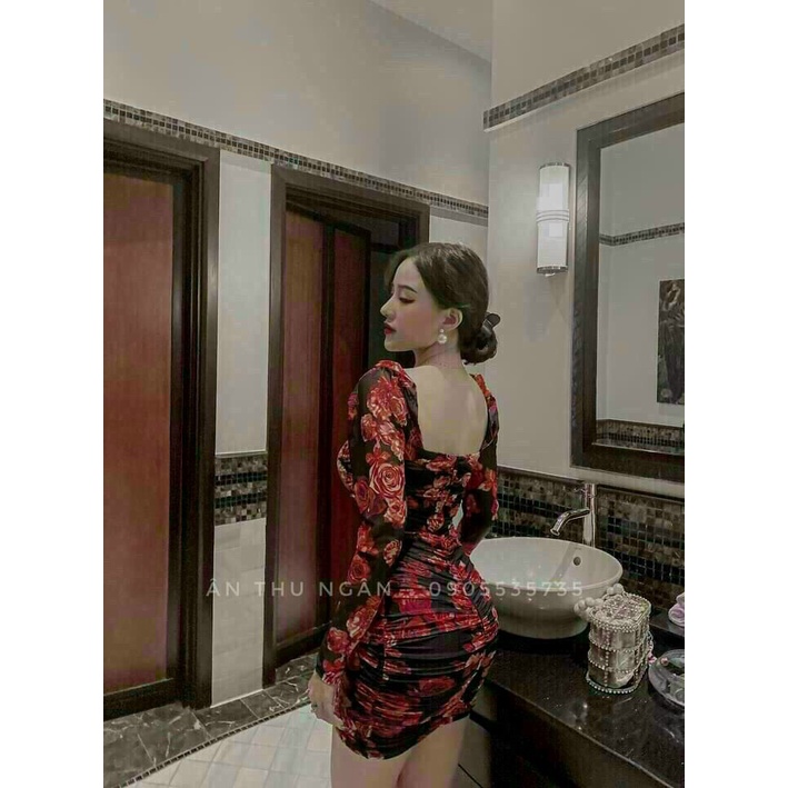 Đầm hoa ôm eo tôn dáng, đầm thun họa tiết hoa đỏ tôn dáng sang chảnh