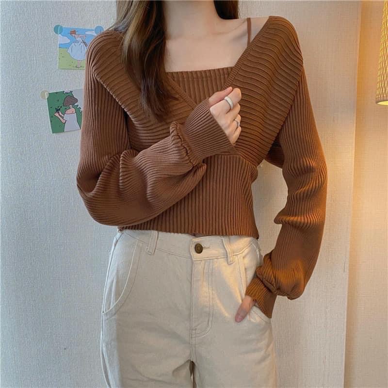 Áo len nữ trễ vai ❤️áo croptop 2 dây ❤️chất len dệt kim về đủ 4 màu | BigBuy360 - bigbuy360.vn