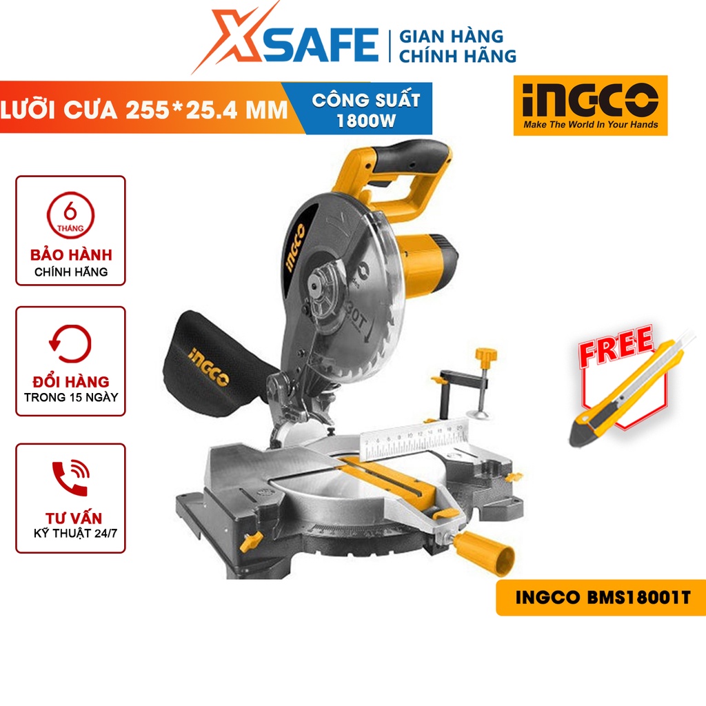 Máy cắt nhôm INGCO BMS18001T 1800W, kích thước lưỡi 255x25.4mm, bàn cắt nhôm, kèm 1 lưỡi cưa TCT