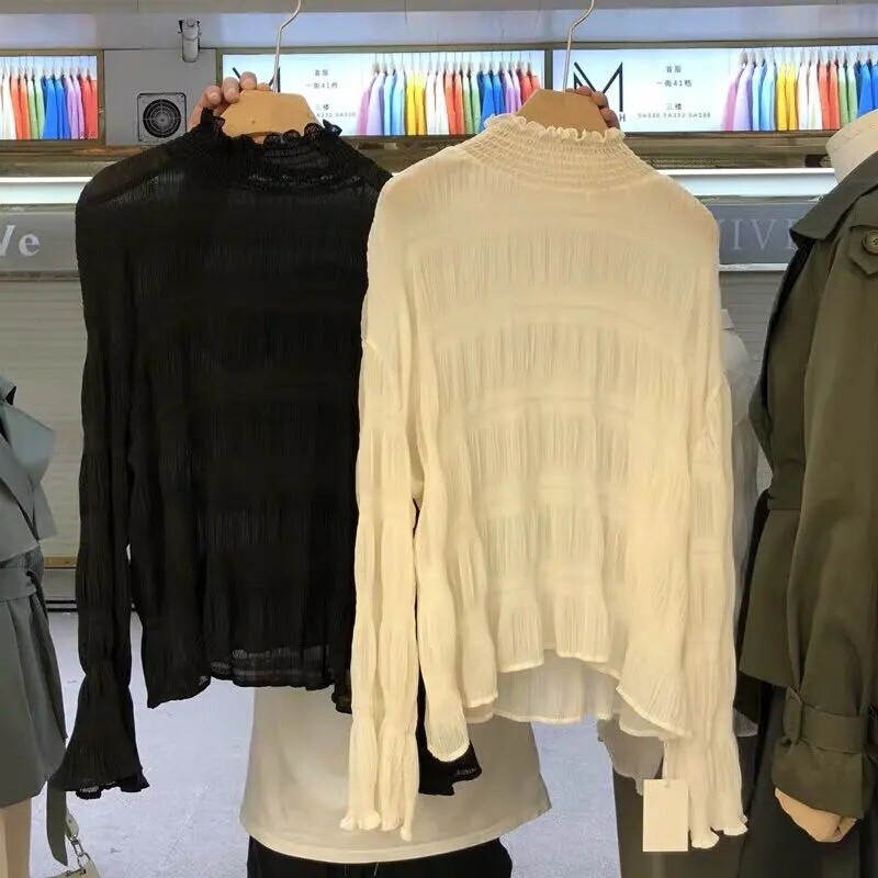 NZN Áo sơ mi chiffon tay dài màu trơn phong cách Hàn Quốc thời trang cho nữ