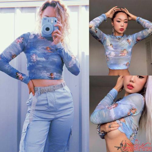 Áo Croptop tay dài phối lưới thiết kế cổ tròn thanh lịch