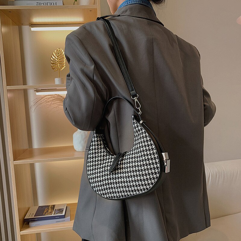 Túi đeo vai Jasmin Noir bằng len kiểu trăng khuyết in họa tiết houndstooth thời trang cổ điển mùa đông cho nữ