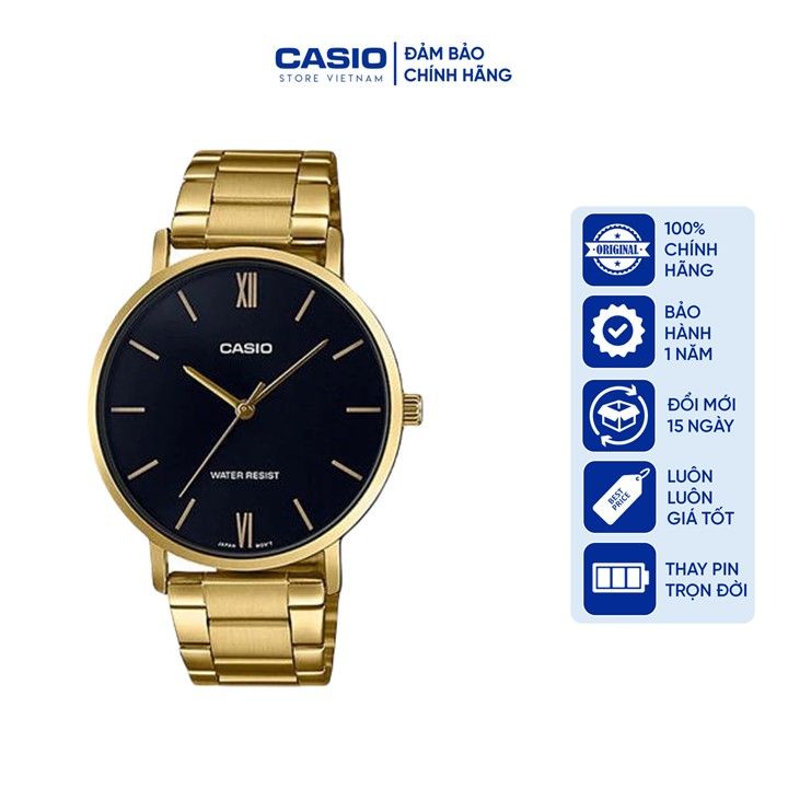Đồng hồ Nữ Casio LTP-VT01G-1B, đồng hồ chính hãng, DÂY VÀNG mặt đen