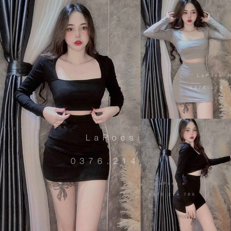 Set Thun Áo Croptop Tay Dài Cổ Vuông Và Váy Bút Chì Dáng Ngắn Form Ôm Body Sexy