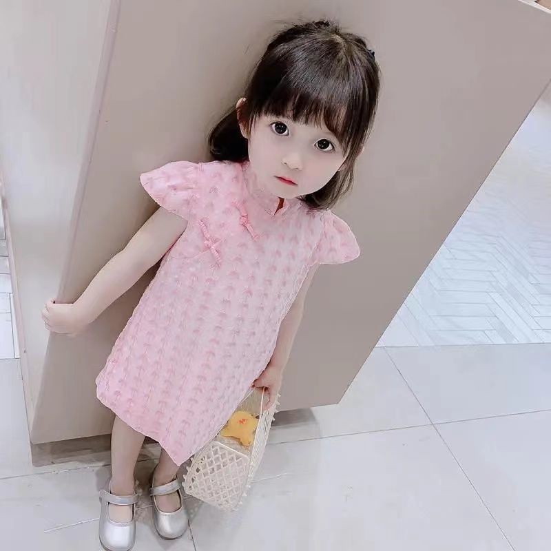 Đầm Sườn Xám Tay Ngắn Phối Ren Thời Trang Dành Cho Bé Gái 1-8 Tuổi