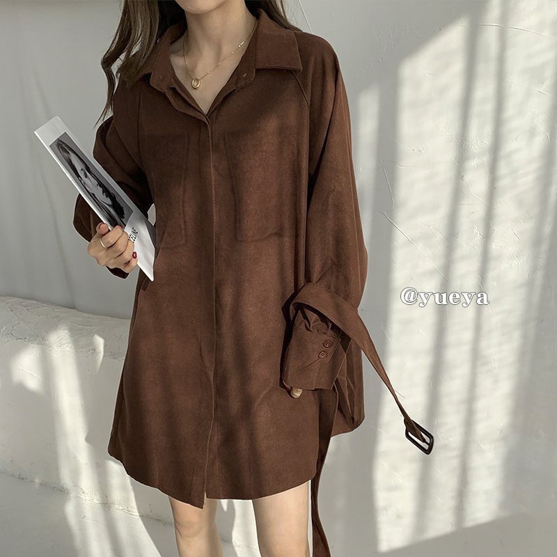 Áo Váy Sơ Mi Nhung Đầm Sơ Mi Nữ Dài Tay Có Túi Kèm Đai Freesize Siêu Xinh | BigBuy360 - bigbuy360.vn