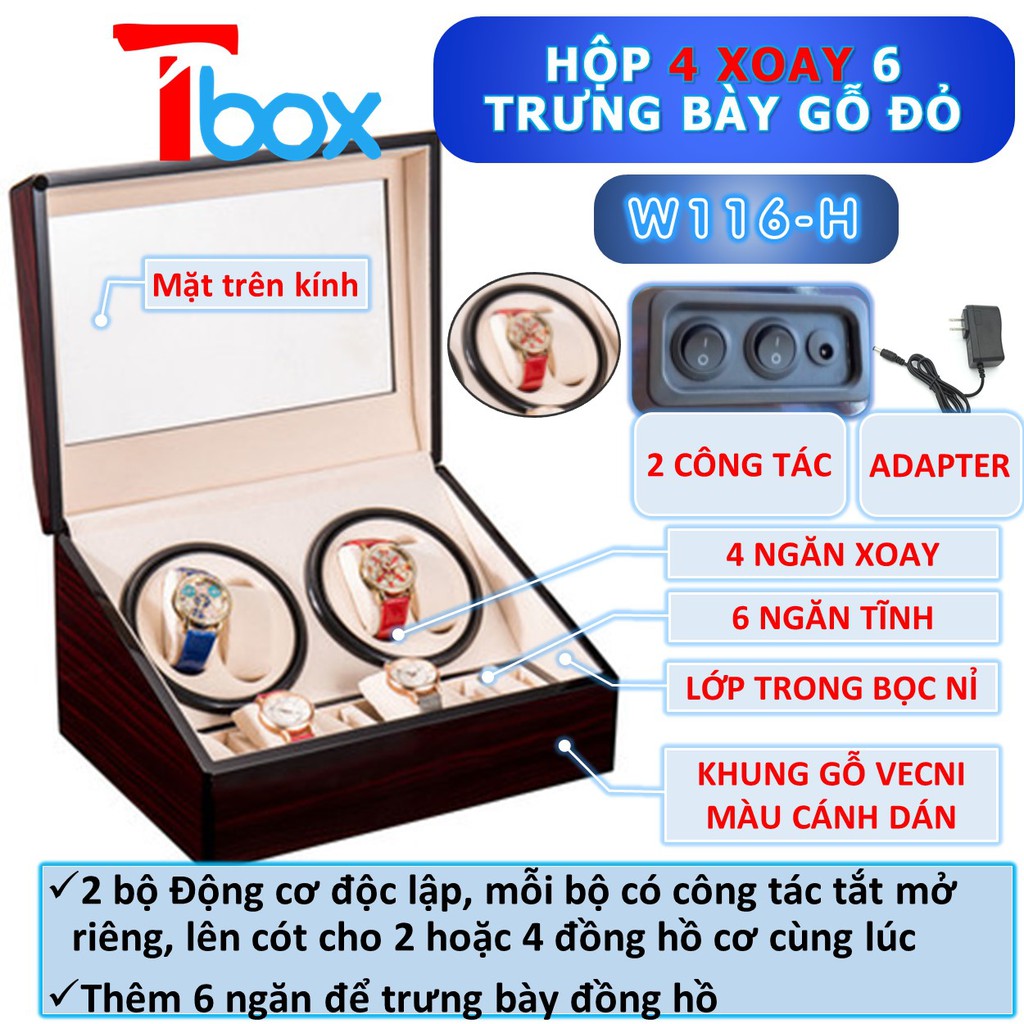 Hộp đựng Đồng hồ cơ Tbox 10 chiếc - Hộp xoay Đồng hồ cơ 4 xoay 6 tĩnh - Hộp lắc Đồng hồ cơ da động cơ Nhật bản loại tốt