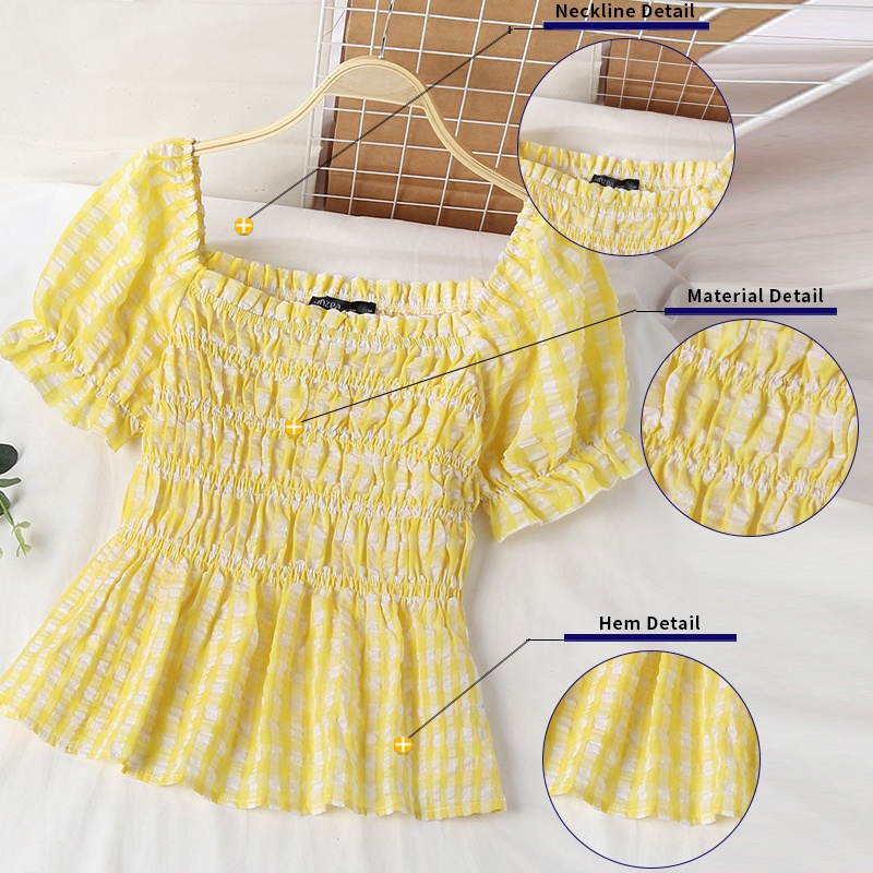 Áo kiểu ZANZEA tay phồng ngắn cổ vuông họa tiết sọc caro thời trang hè dành cho nữ