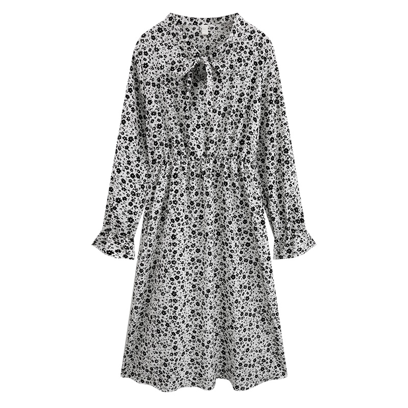( Ảnh Thật ) Váy Hoa Nhí Vintage Cổ Nơ Tay Dài Ulzzang chun eo , Đầm Thiết Kế Dáng Dài